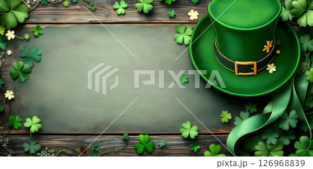 A beautifully festive Irish hat adorned with shamrocks placed on a rustic wooden background 126968839