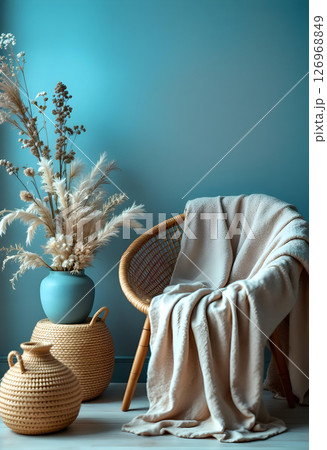 This space has a cozy interior that blends natural elements with soft textures for comfort 126968849