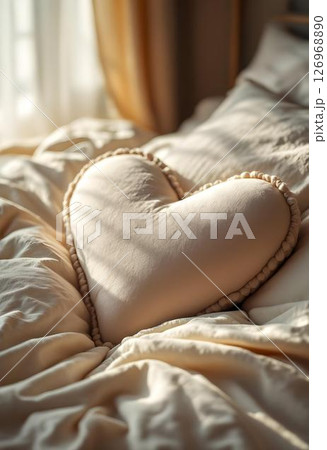 A Cozy HeartShaped Pillow placed on a Soft and Comfortable Bed, inviting relaxation and warmth A Cozy HeartShaped Pillow placed on a Soft and Comfortable Bed, inviting relaxation and warmth 126968890