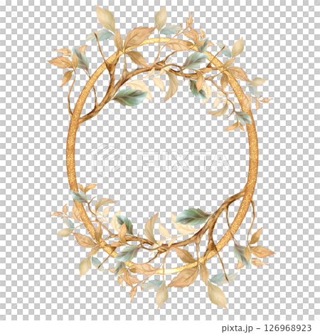 Golden Frame with Hand-drawn Teal and Beige Leaves 126968923