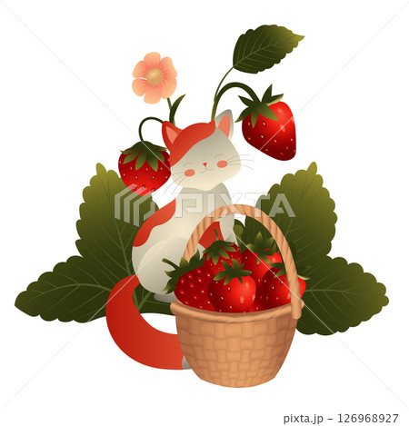 Basket of strawberries and a cute kitten on the background of a strawberry bush. Vector illustration isolated on a white background. 126968927