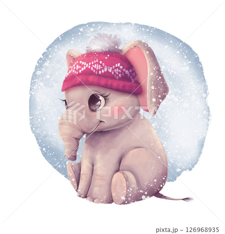Cute Baby Elephant in Red Winter Hat with Snowflakes 126968935