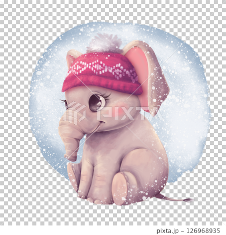 Cute Baby Elephant in Red Winter Hat with Snowflakes 126968935