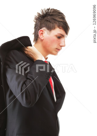 young businessman black suit casual tie on white background young businessman black suit casual tie on white background 126969096