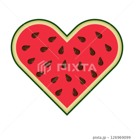 Heart Shaped Watermelon Slice with Seeds Vector Illustration. A colorful vector illustration of a watermelon slice in the shape of a heart. Heart Shaped Watermelon Slice with Seeds Vector Illustration. A colorful vector illustration of a watermelon slice in the shape of a heart. 126969099