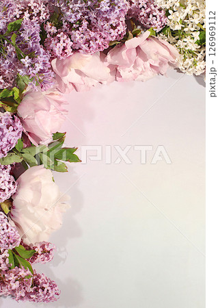 Beautiful spring blooming branches of lilac and mountain peony on sunny background. Abstract flower arrangement and banner for screen, Still life with place for text, Floral holiday card Beautiful spring blooming branches of lilac and mountain peony on sunny background. Abstract flower arrangement and banner for screen, Still life with place for text, Floral holiday card 126969112