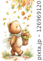 カゴバッグを持っているクマと紅葉　 126969120