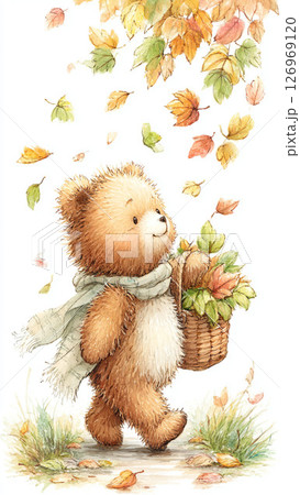 カゴバッグを持っているクマと紅葉　 126969120
