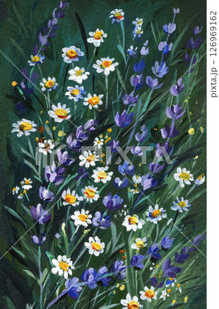 Chamomile daisies and lavender flowers in green grass, acrylic painting, wild summer meadow, blooming floral art Chamomile daisies and lavender flowers in green grass, acrylic painting, wild summer meadow, blooming floral art 126969162