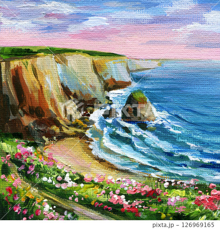 Seaside cliff with blooming wildflowers, ocean waves and pink sky, impressionist acrylic landscape painting, summer coast art Seaside cliff with blooming wildflowers, ocean waves and pink sky, impressionist acrylic landscape painting, summer coast art 126969165