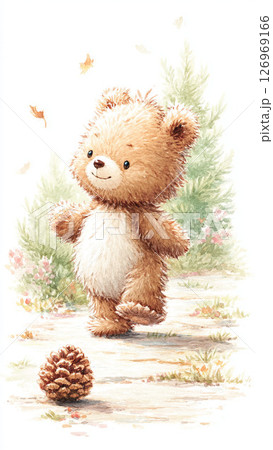 自然の中を歩くクマと松ぼっくり　 126969166