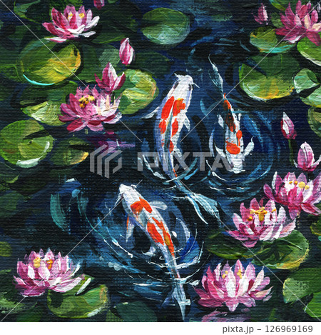 Koi fish in pond with water lilies, vibrant aquatic garden, Japanese style impressionist painting, floral water surface art 126969169