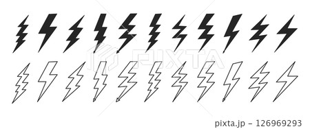 Lightning bolt icon set. Outline symbol of thunder lightning flash symbol of electrical energy. Vector design element for website, poster, banner, social networks Lightning bolt icon set. Outline symbol of thunder lightning flash symbol of electrical energy. Vector design element for website, poster, banner, social networks 126969293
