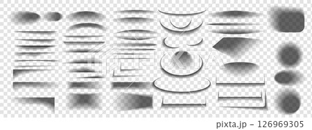 Set of transparent shadows. Realistic black shadow effect from paper or packing box. Vector round, oval, square, rectangular shadows, shadow stripes on transparent background. Set of transparent shadows. Realistic black shadow effect from paper or packing box. Vector round, oval, square, rectangular shadows, shadow stripes on transparent background. 126969305
