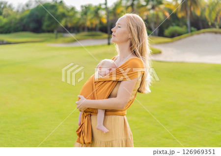 Mother holding her little baby in a yellow sling in the park. Warm and loving family moment. Babywearing, parenting, and mother-child bonding concept Mother holding her little baby in a yellow sling in the park. Warm and loving family moment. Babywearing, parenting, and mother-child bonding concept 126969351