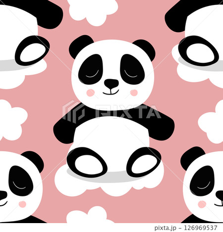 Seamless pattern with cute panda baby on color background. Funny asian animals. Card, postcards for kids. Flat vector illustration for fabric, textile, wallpaper, poster, gift wrapping paper Seamless pattern with cute panda baby on color background. Funny asian animals. Card, postcards for kids. Flat vector illustration for fabric, textile, wallpaper, poster, gift wrapping paper 126969537