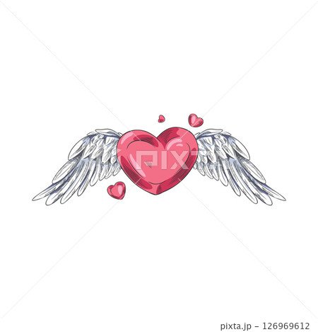 Vector sketch of red heart with wings, hand engraved illustration. Vector sketch of red heart with wings, hand engraved illustration. 126969612
