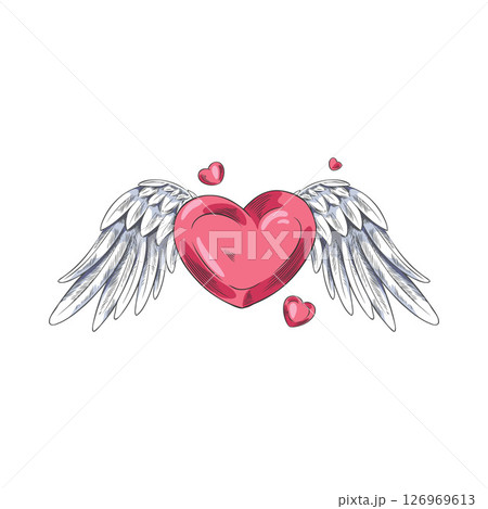 Angel wings with heart gemstone vector sketch, pair of heraldic white bird wings with pink jewelry, love symbol 126969613