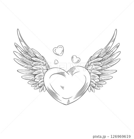 Monochrome Sketch of heart with raised wings, hand drawn outline sketch. 126969619