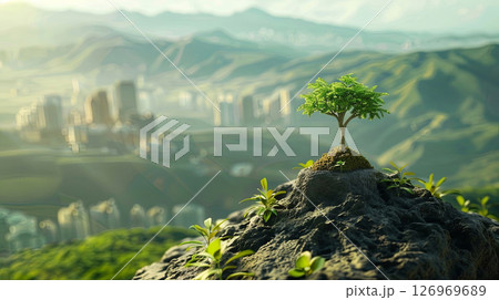 A lone tree thrives on a rocky peak, symbolizing resilience against a blurred city backdrop 126969689
