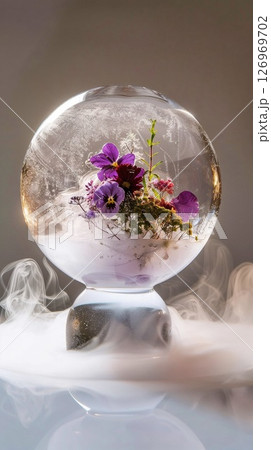 Artistic frozen flower arrangement sealed in a clear spherical glass, surrounded by dry ice fog on white surface.  126969702