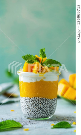 Healthy chia seed pudding with mango puree, coconut cream, and fresh mint in a glass jar against soft green background.  126969718