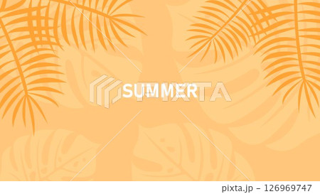 Minimal tropical summer background with palm leaves silhouette and bold text. Bright orange vector design for seasonal banners, travel ads, invitations, posters, or digital campaigns. Minimal tropical summer background with palm leaves silhouette and bold text. Bright orange vector design for seasonal banners, travel ads, invitations, posters, or digital campaigns. 126969747