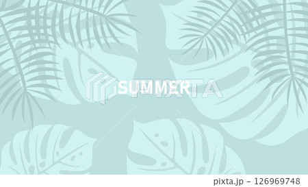 Tropical Summer Vibes Background with Palm and Monstera Leaves in Soft Blue Shades. Seasonal Design for Travel Posters, Summer Parties, and Invitations 126969748