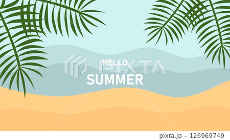 Tropical summer beach background with palm leaves and ocean waves. Flat vector illustration for seasonal banners, travel ads, vacation posters, invitations, or summer events. 126969749