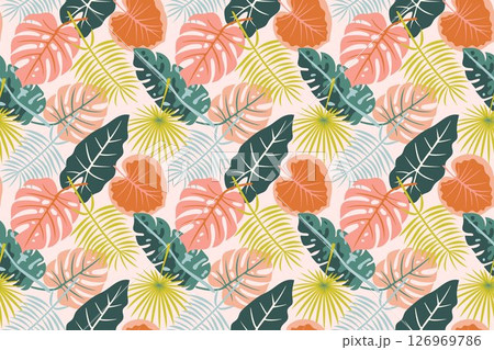 Seamless Tropical Jungle Pattern with Lush Green Leaves, Monstera, Palm, and Exotic Foliage, Perfect for Textile, Wallpaper, Fabric, Summer, Vacation, Floral, Nature, Backgrounds, Design Projects 126969786