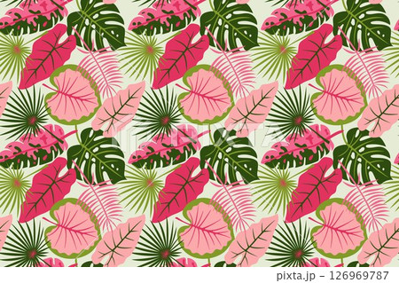 Seamless Pattern with Bright Pink and Green Jungle Leaves, Exotic Tropical Plants, Floral Background for Summer, Nature, Vacation, Fabric, Wallpaper, Textile, Creative Projects, Botanical Design 126969787