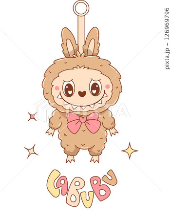 Cute Monster keychain Toy Labubu. Fluffy Cartoon Funny kawaii fantasy character. Vector illustration. Kids collection for stickers, merchandise, mascot and design 126969796