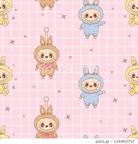 Seamless pattern with Cute Monster Toy Labubu on pink checkered background. Cartoon Funny kawaii fantasy plush toothy character. Vector illustration. Kids collection 126969797