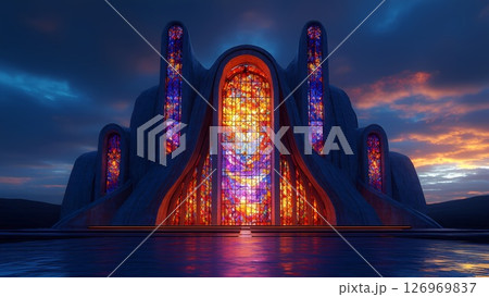 A Stunning Architectural Wonder Featuring Vibrant Stained Glass Beautifully Lit at Sunset 126969837