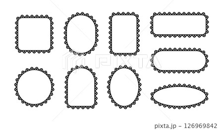 Frame with lace edge. On the border is a scallop pattern. Ornament in the form of circle, ellipse and rectangle. Set of vector illustrations isolated on a white background. Frame with lace edge. On the border is a scallop pattern. Ornament in the form of circle, ellipse and rectangle. Set of vector illustrations isolated on a white background. 126969842
