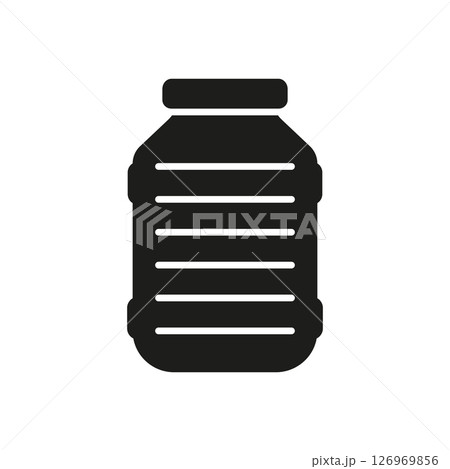 Large Water Dispenser Bottle, Refillable Cooler Jug With Label And Cap Silhouette Icon. Drinking Container for Office, Home, and Hydration Solid Symbol. Isolated Vector Illustration 126969856