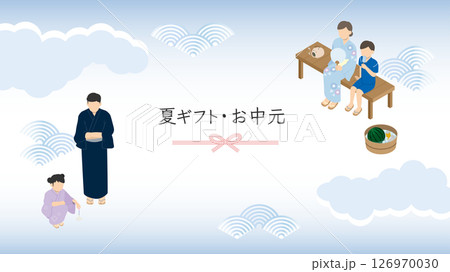 お中元・花火をする家族・アイソメトリック 126970030