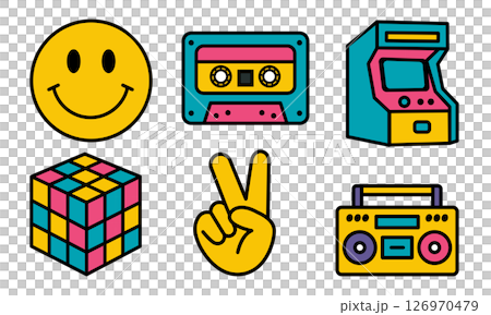 Colorful retro icons including a smiley face, cassette tape, arcade machine, Rubik's cube, peace sign, and boombox. Represents nostalgia and vintage culture. 126970479