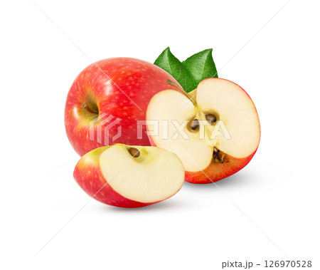 Fresh red apple with cut in half and slice isolated with leaf. 126970528
