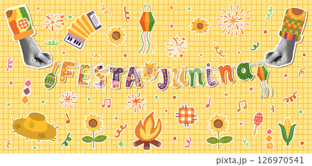 Festa Junina Vector Poster, Brazilian Festival Banner Illustration, Bunting with Text and Festive Graphics - Sunflower, Accordion, Straw Hat, Corn 126970541