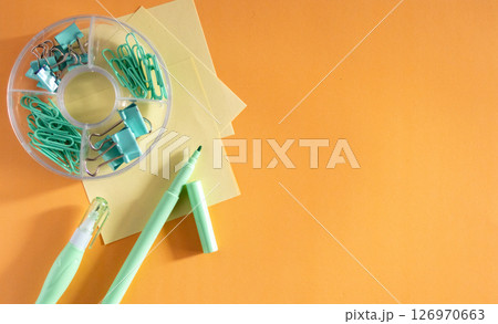 Colorful Stationery and Tech on Minimal Background.Top View of Back to School Tools .No People 126970663