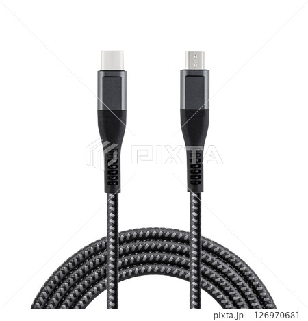 Black cable for charging and synchronization with Type - C and Micro USB connectors on a white isolated background Black cable for charging and synchronization with Type - C and Micro USB connectors on a white isolated background 126970681