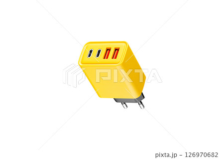 adapter for charger with USB and Type C connector, yellow, on isolated or white background adapter for charger with USB and Type C connector, yellow, on isolated or white background 126970682