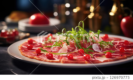 Carpaccio served lakshari style in the kitchen. A traditional Italian food. Carpaccio, a Culinary Masterpiece Carpaccio served lakshari style in the kitchen. A traditional Italian food. Carpaccio, a Culinary Masterpiece 126970773
