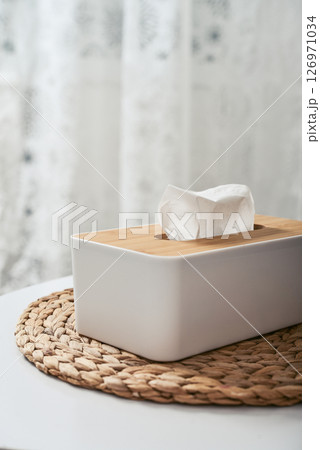 White tissue box with wooden bamboo top White tissue box with wooden bamboo top 126971034