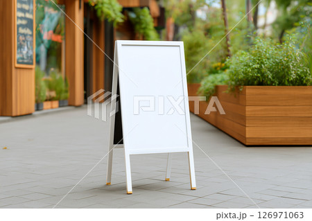 A white sign is standing on a sidewalk in front of a building 126971063