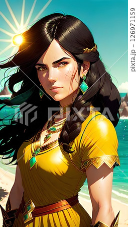 The image portrays a young Berber woman, likely from Morocco or a neighboring region, standing on a bright sun 126971159