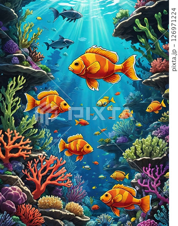 Orange fish swimming among colorful corals in the underwater world of a tropical sea 126971224
