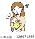 泣く赤ちゃんを抱っこする母親の線画イラスト 126971266