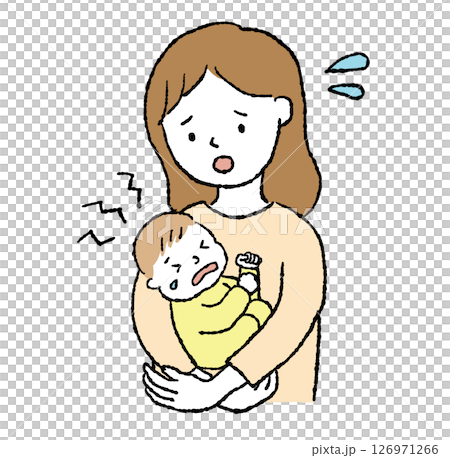 一位母親抱著哭泣的嬰兒的線條畫插圖 126971266